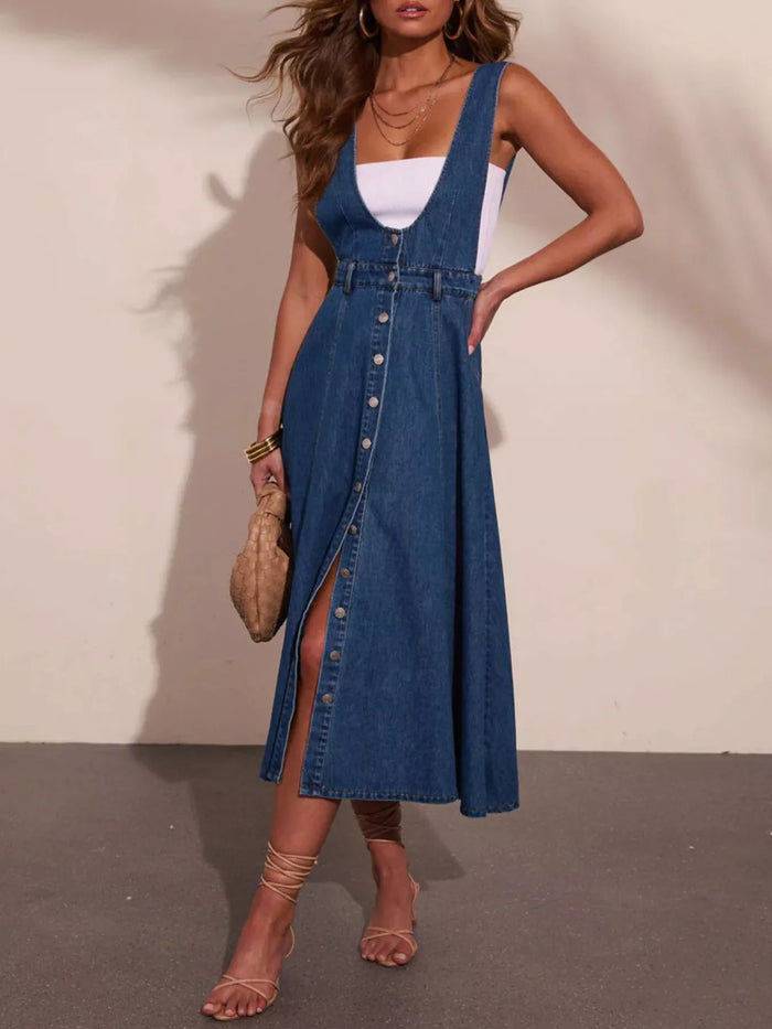 Button Front Denim Overall Midi Dress - Lilixa.store