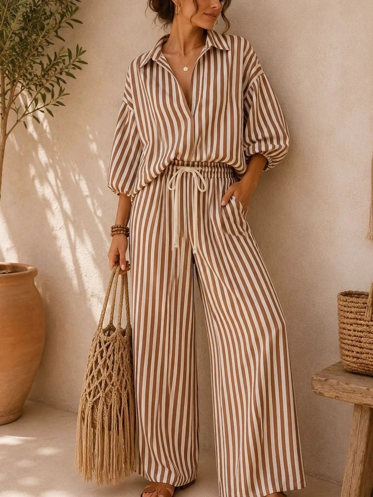 Full Size Striped Relaxed Fit Shirt and Wide-Leg Pants Set Plus Size - Lilixa.store
