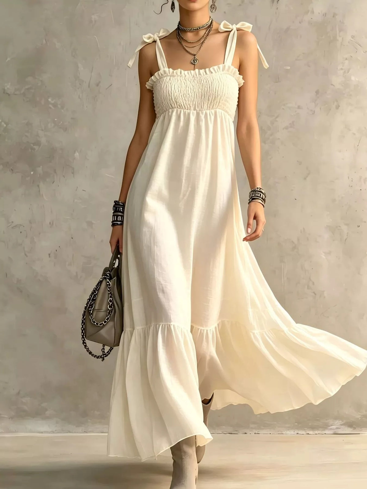 Smocked Tie-Shoulder Maxi Dress - Lilixa.store