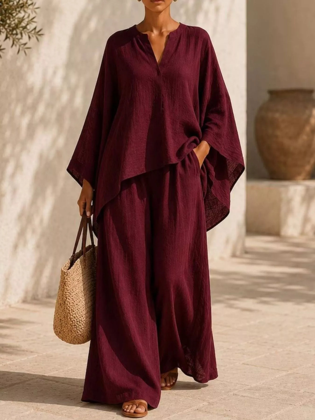 Full Size Loose Fit Top and Wide-Leg Pants Set Plus Size in Burgundy