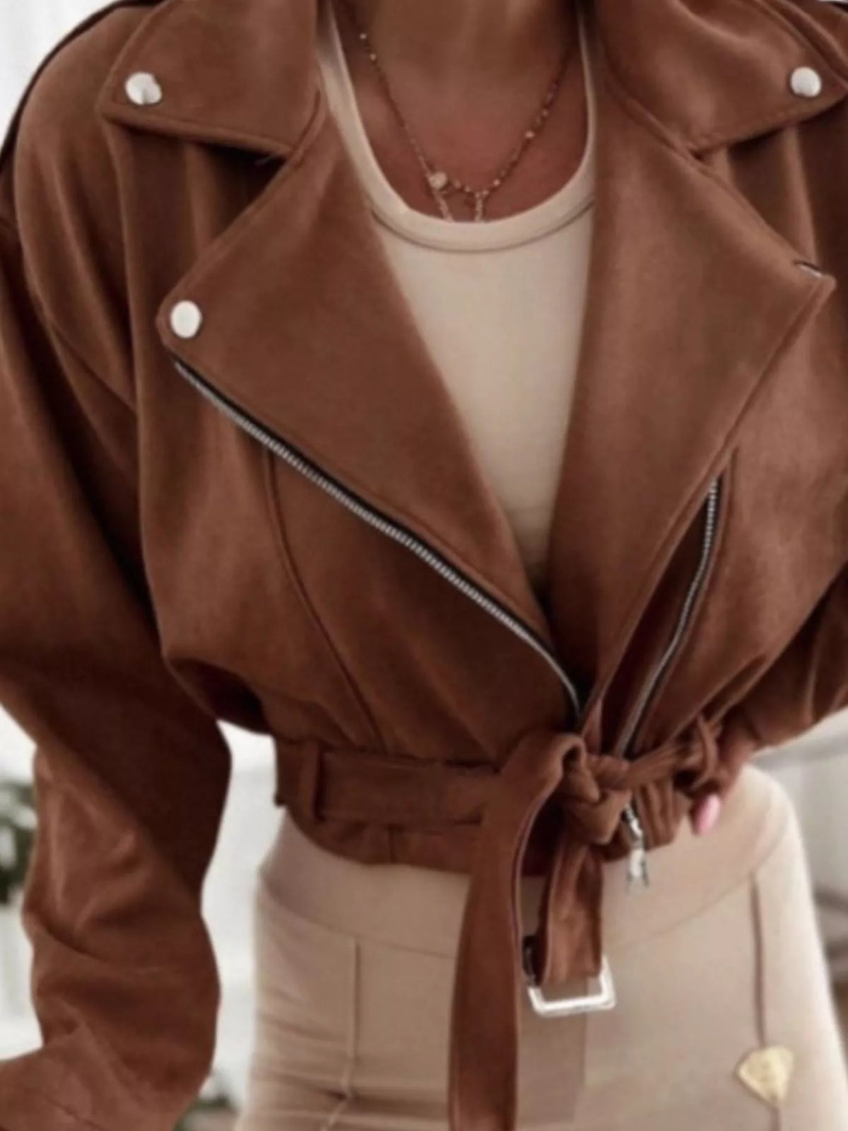 Cropped Biker Jacket with Belt Detail, view 11