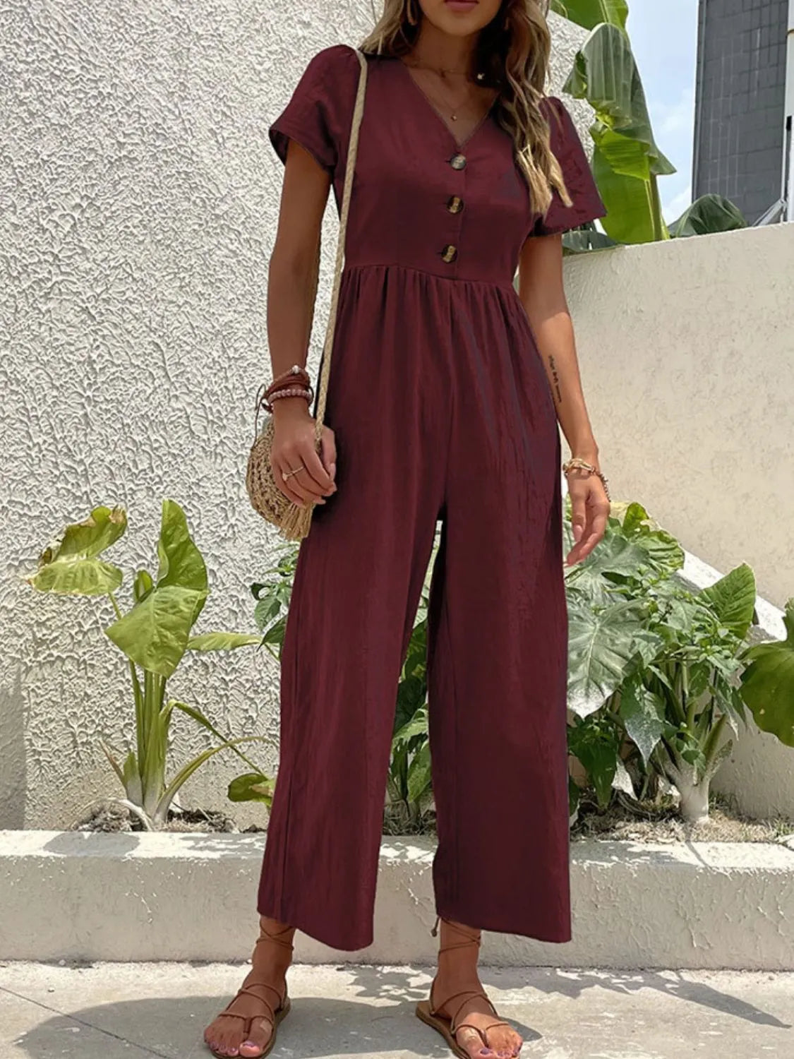 V-Neck Short Sleeve Wide Leg Jumpsuit - Lilixa.store