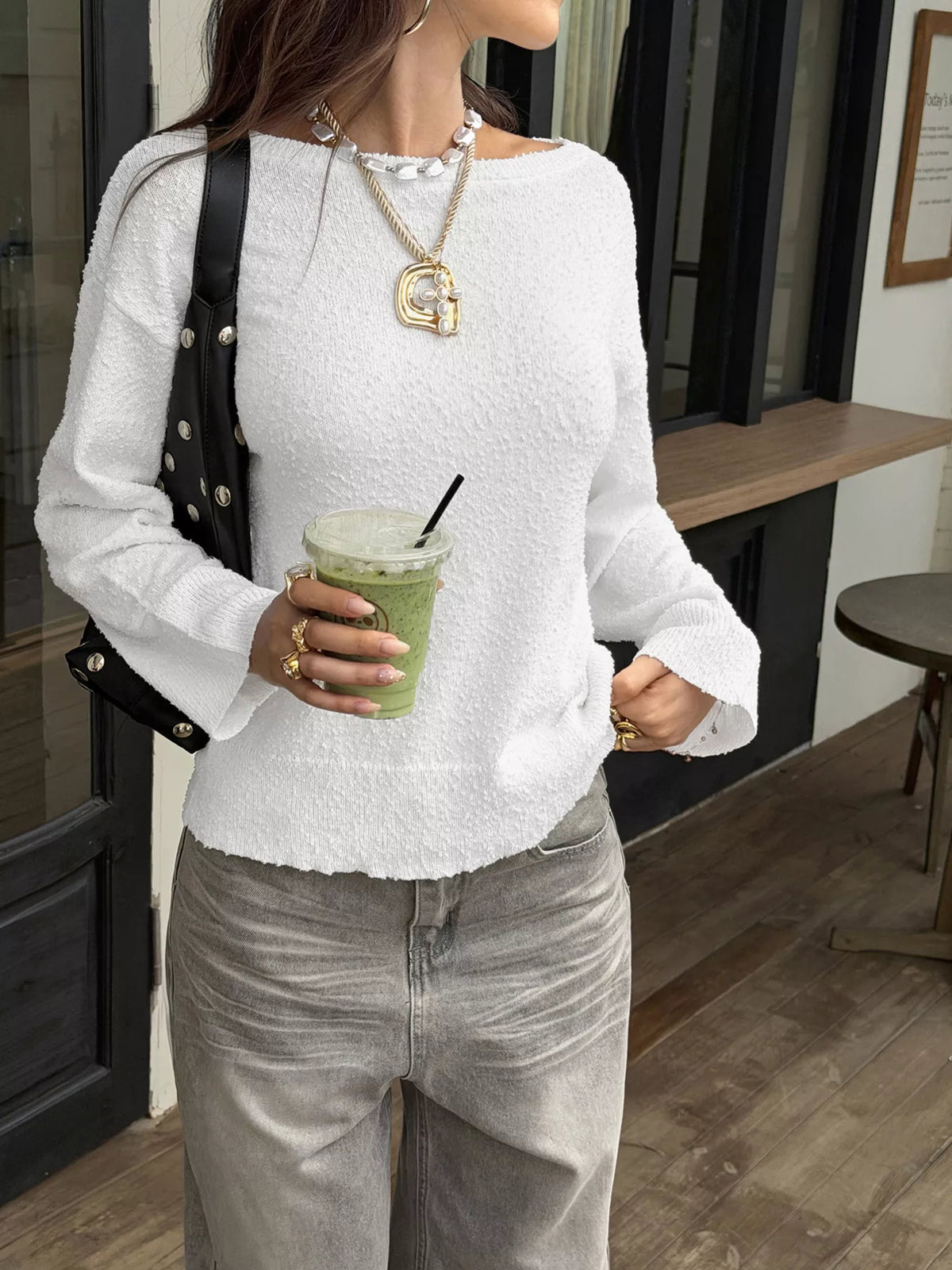 Boat Neck Dropped Shoulder Sweater - Lilixa.store