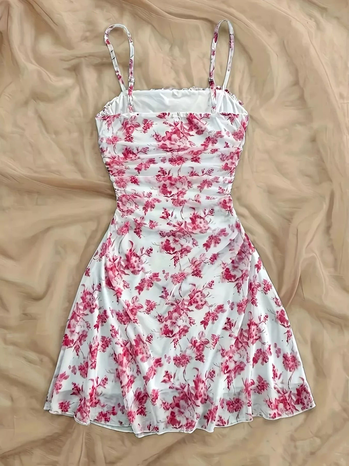 Floral Ruched Spaghetti Strap Mini Dress