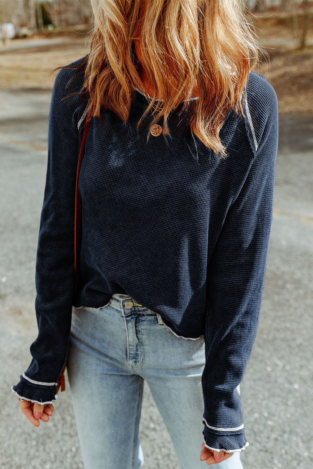 Long Raglan Sleeve Round Neck Top in Navy