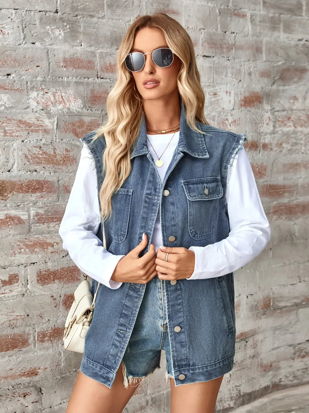 Raw Hem Sleeveless Button Up Denim Jacket, view 4