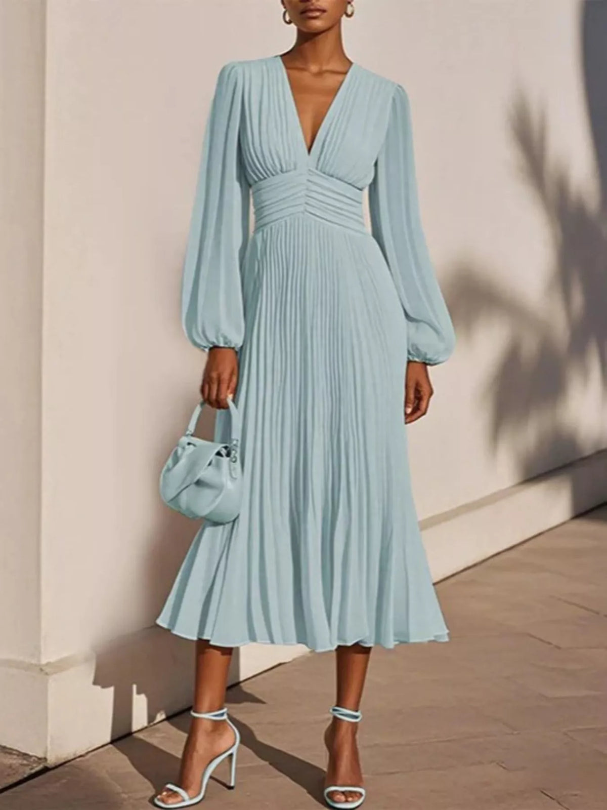 Pleated V-Neck Chiffon Midi Dress