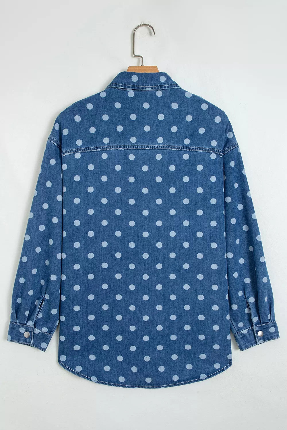 Polka Dot Long Sleeve Collar Shift Tunic Denim Jacket in Dusty Blue, view 6
