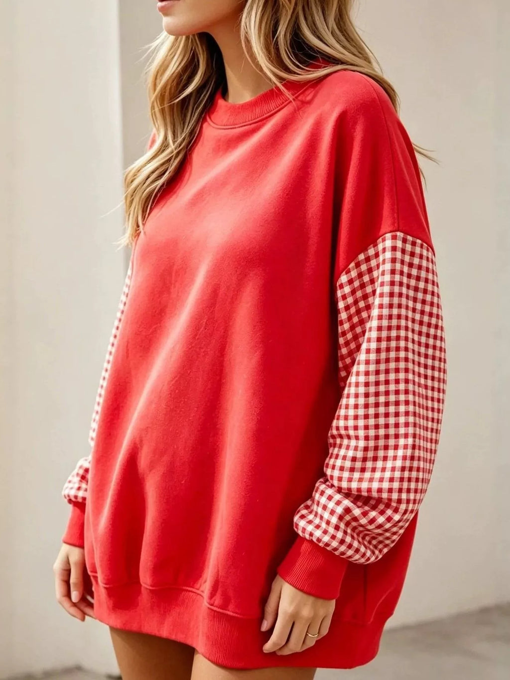 Contrast Gingham Long Sleeve Sweatshirt - Lilixa.store