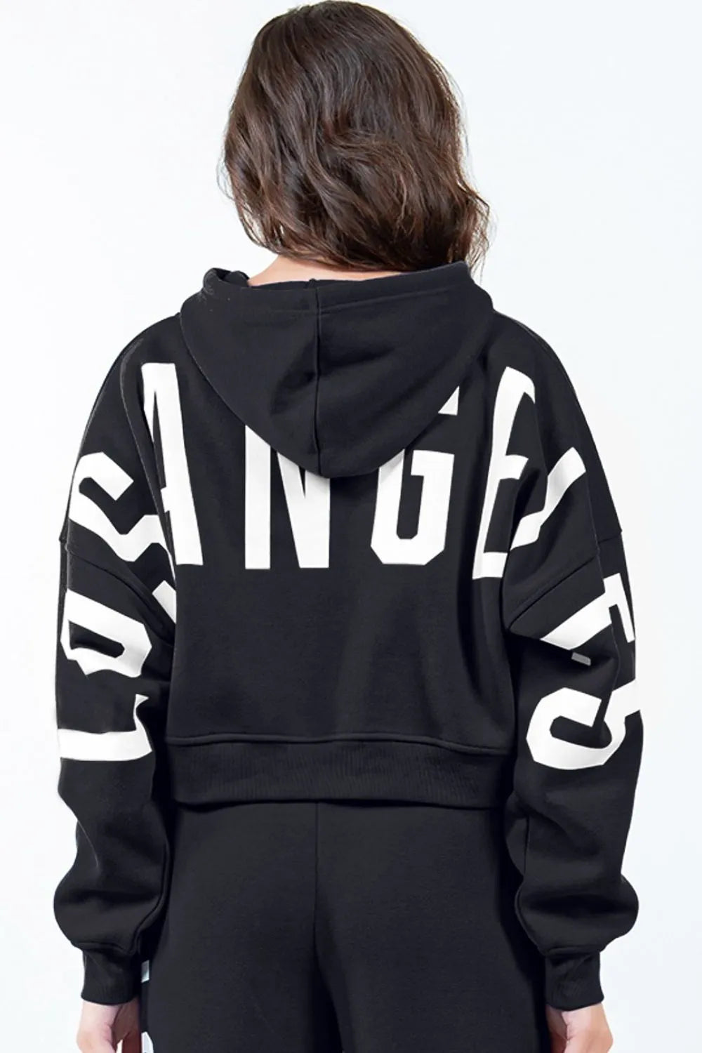 American Bazi Letter Graphic Long Sleeve Drawstring Cropped Hoodie - Lilixa.store