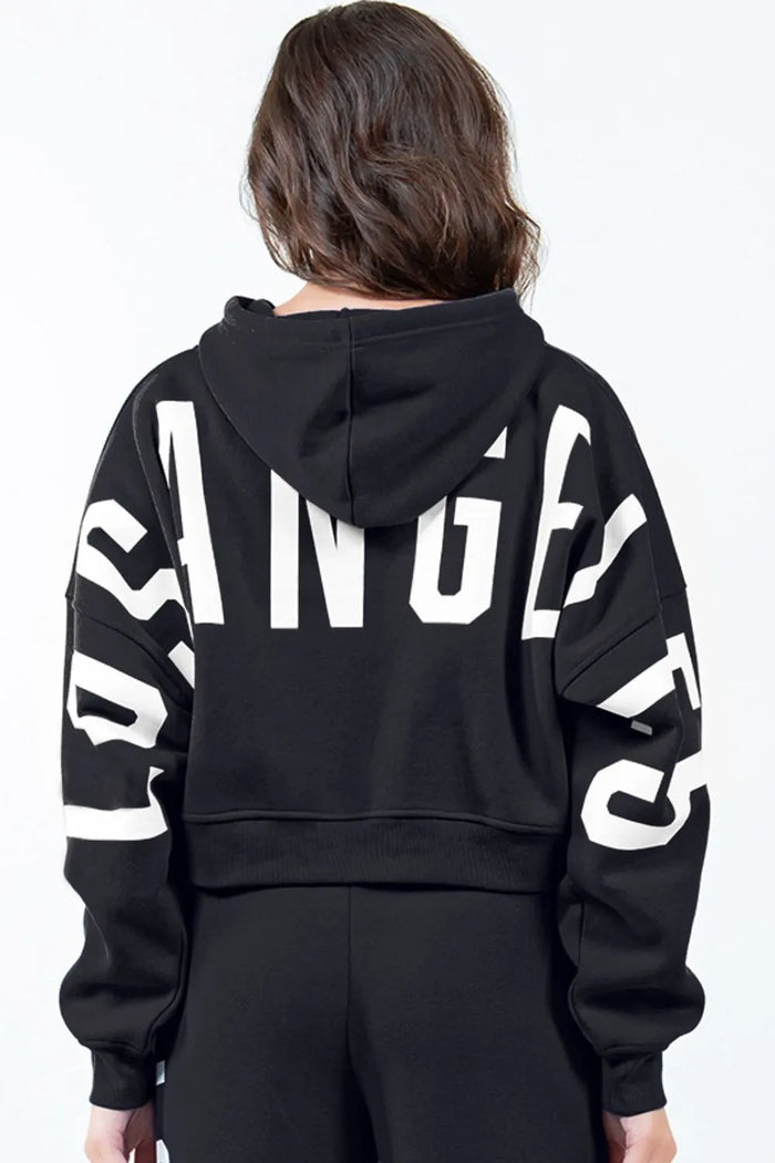 American Bazi Letter Graphic Long Sleeve Drawstring Cropped Hoodie - Lilixa.store