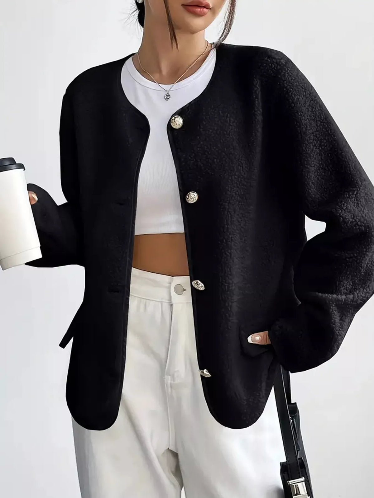 Full Size Textured Button-Up Fleece Outerwear Plus Size - Lilixa.store