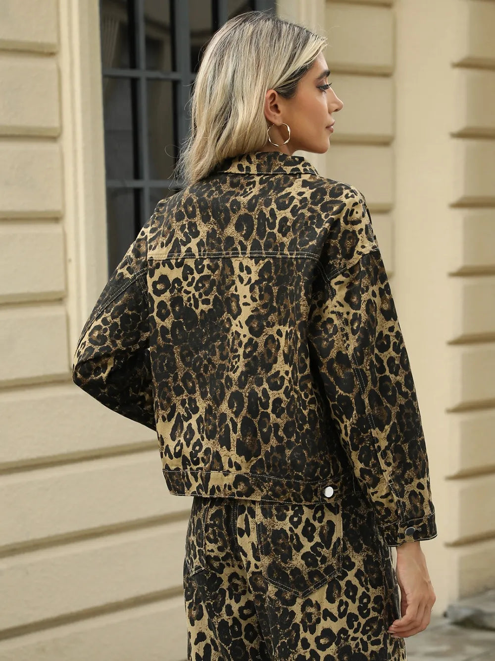 Pocketed Leopard Long Sleeve Denim Jacket, view 2