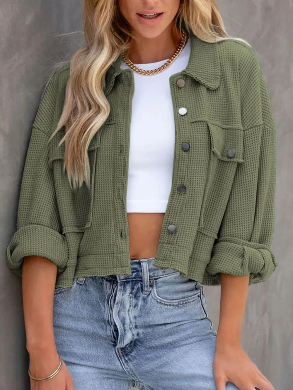 Button Up Long Sleeve Jacket in Moss