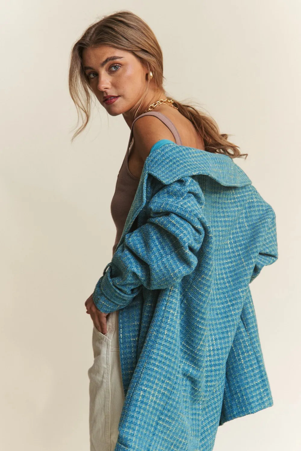 J.NNA Tweed Double-Breasted Long Sleeve Coat in Emerald Sea, view 3