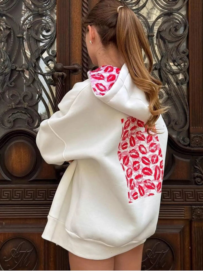 Zip Up Oversized Hoodie with Red Lips Print Detail in White