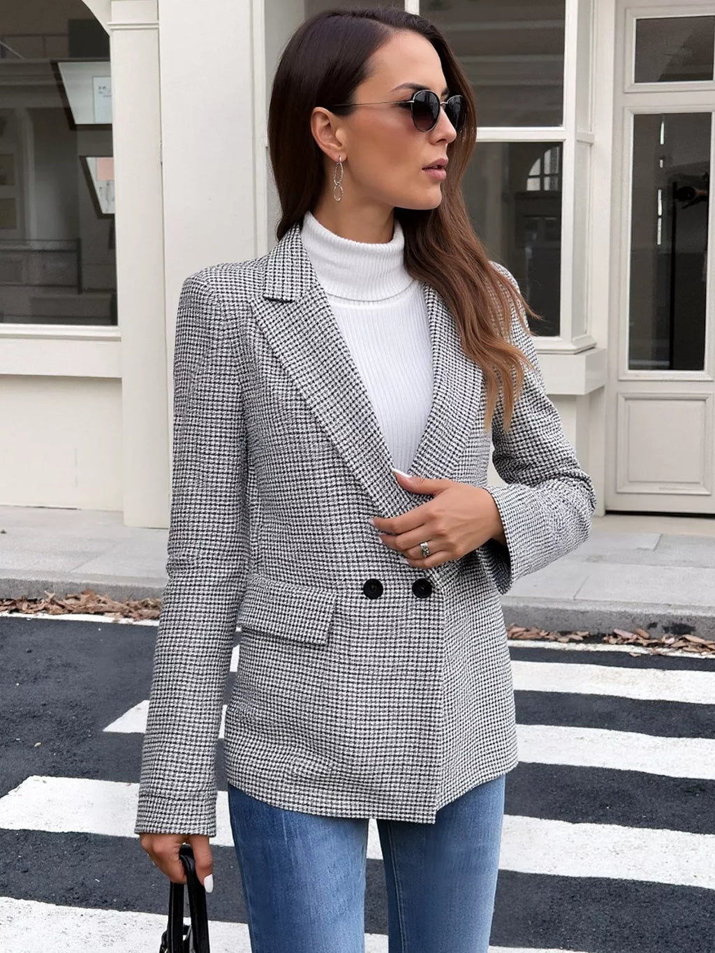 Houndstooth Patterned Double-Breasted Blazer - Lilixa.store