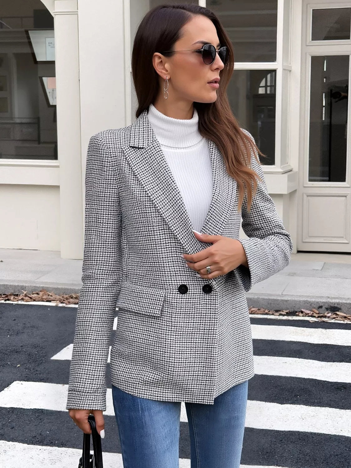 Houndstooth Patterned Double-Breasted Blazer - Lilixa.store