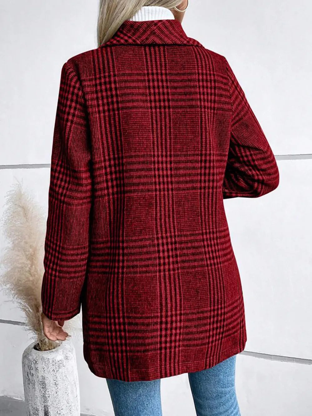 Plaid Collared Neck Long Sleeve Jacket, view 3