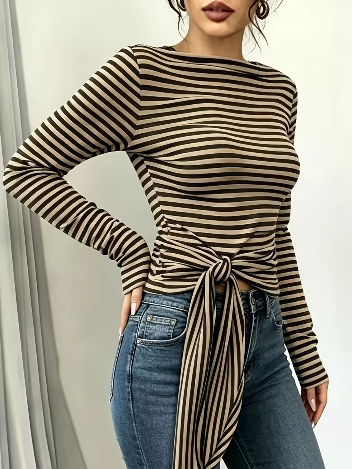 Long Sleeve Striped T-Shirt with Front Tie Detail - Lilixa.store
