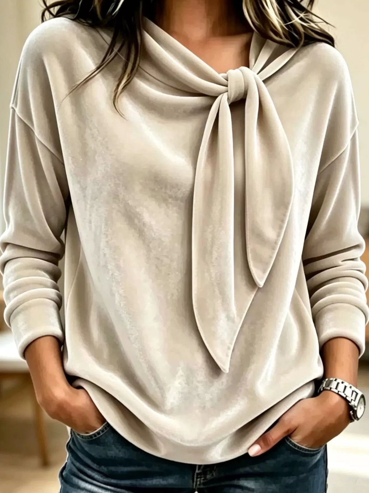Velvet Tie Front Long Sleeve Sweatshirt in Apricot