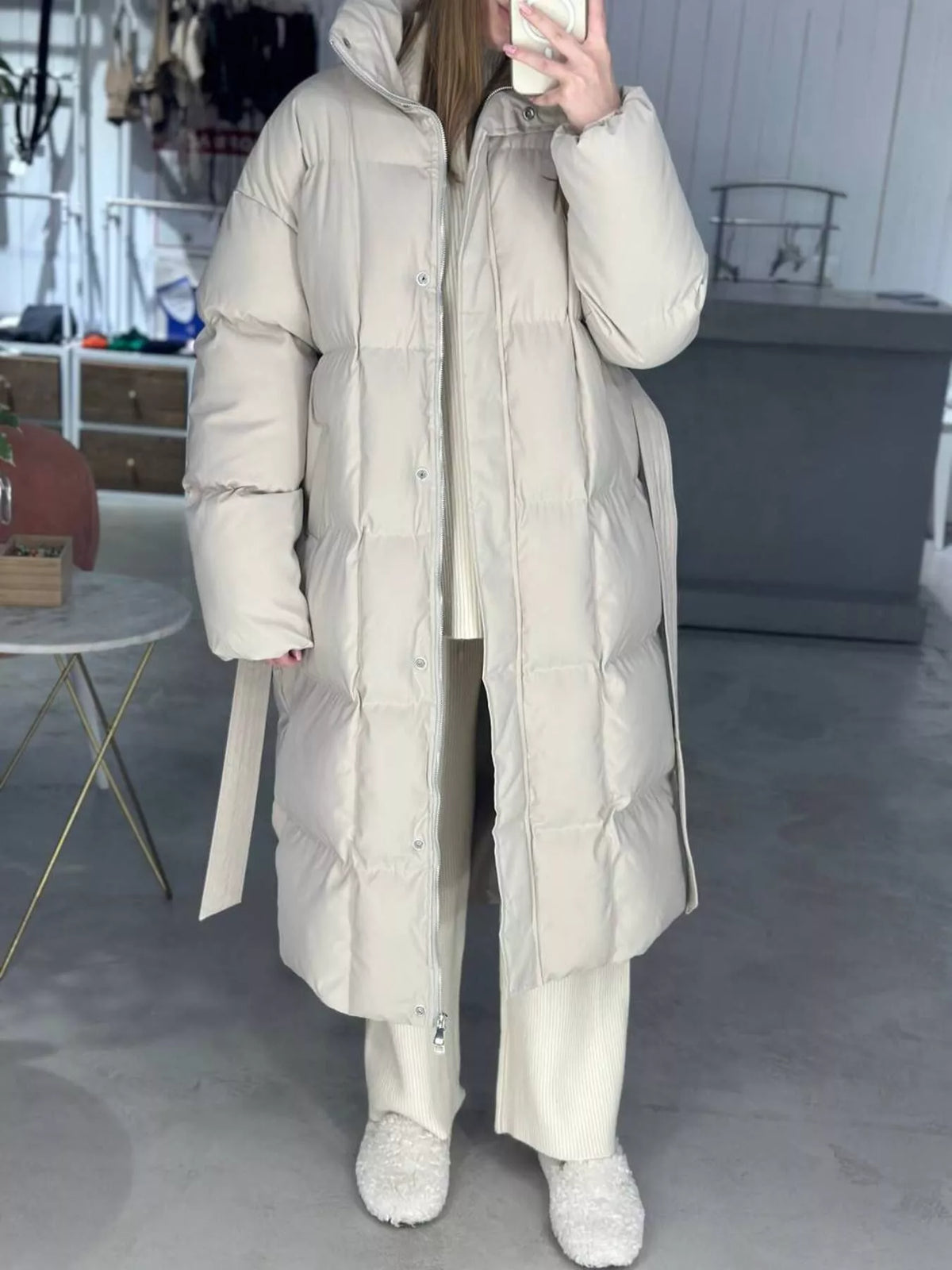 Longline Padded Winter Coat with Belted, view 7