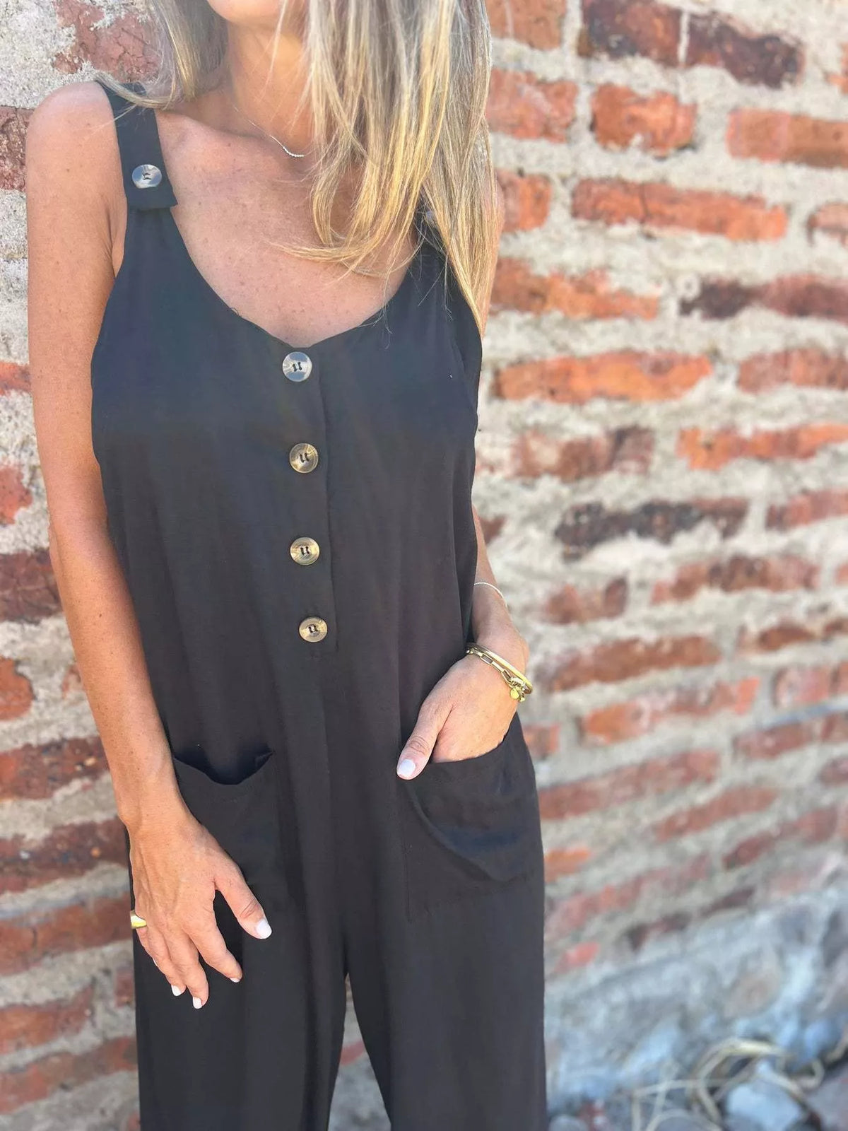 Full Size Button-Front Wide Leg Jumpsuit Plus Size - Lilixa.store