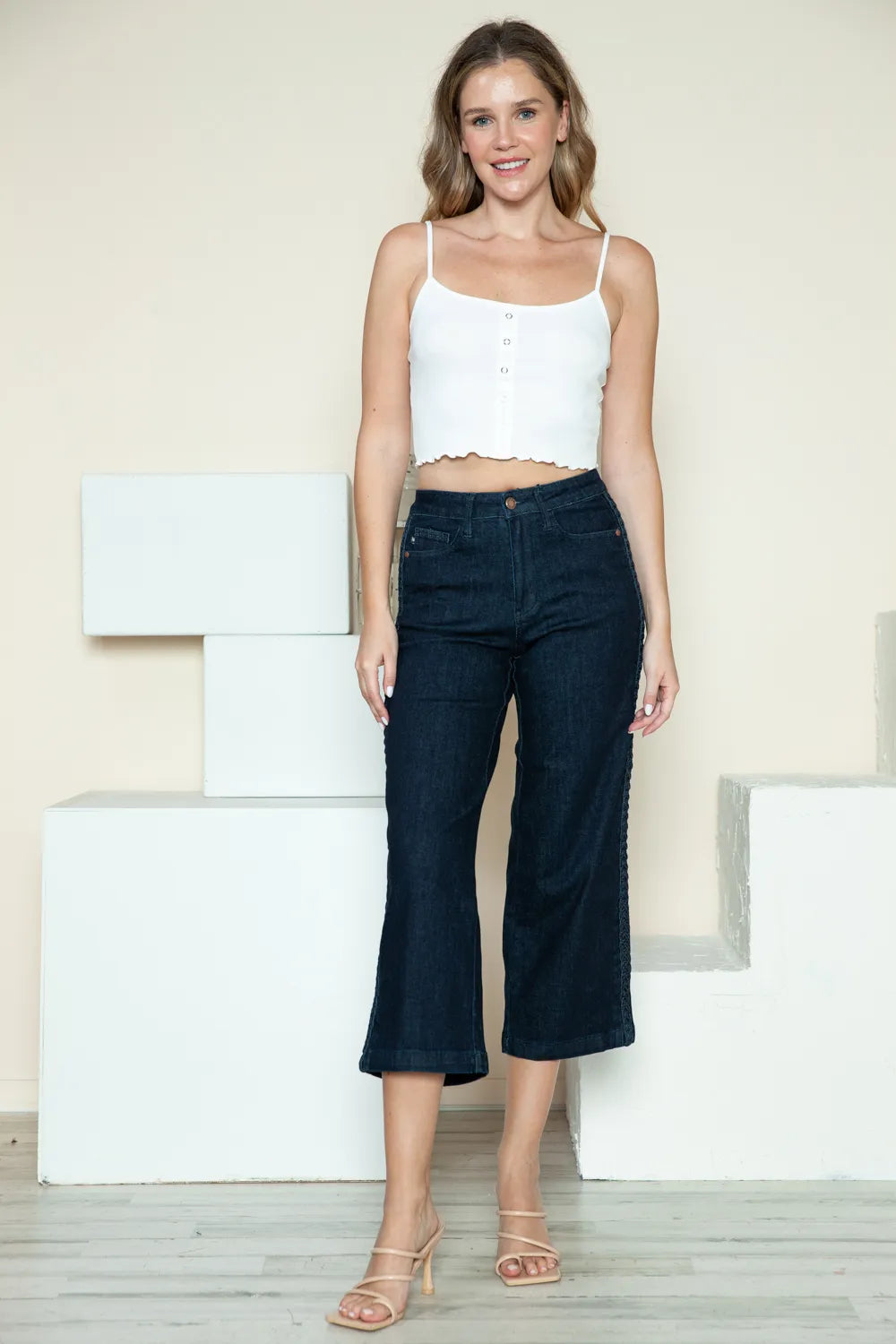 Judy Blue Full Size Side Seam Braid Detail Crop Wide Leg Jeans - Lilixa.store