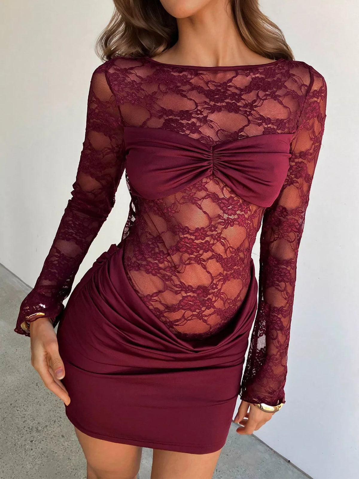 Lace Sheer Cutout Back Long Sleeve Ruched Dress - Lilixa.store