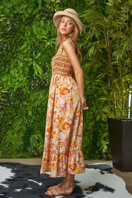 Davi & Dani Multi Smocked Bodice Geo Ruffle Strappy Midi Dress - Lilixa.store