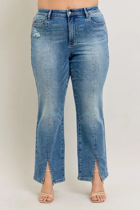 Judy Blue Full Size High Waist Vintage Wash Front Seam & Slit Straight Plus Size - Lilixa.store