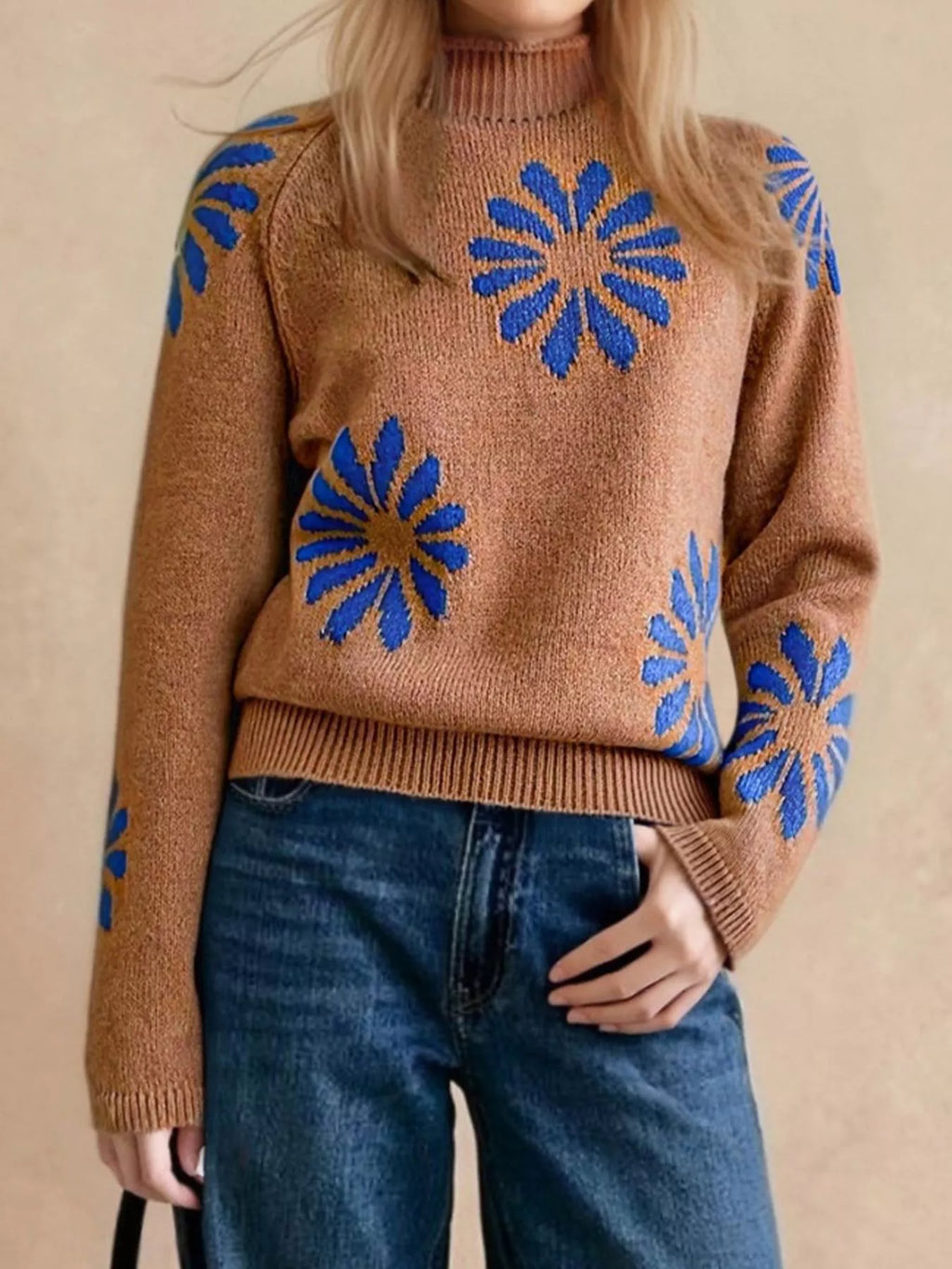 Flower Mock Neck Raglan Sleeve Sweater - Lilixa.store