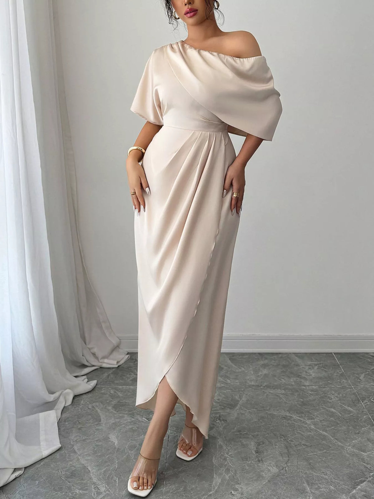 One-Shoulder Satin Maxi Dress - Lilixa.store