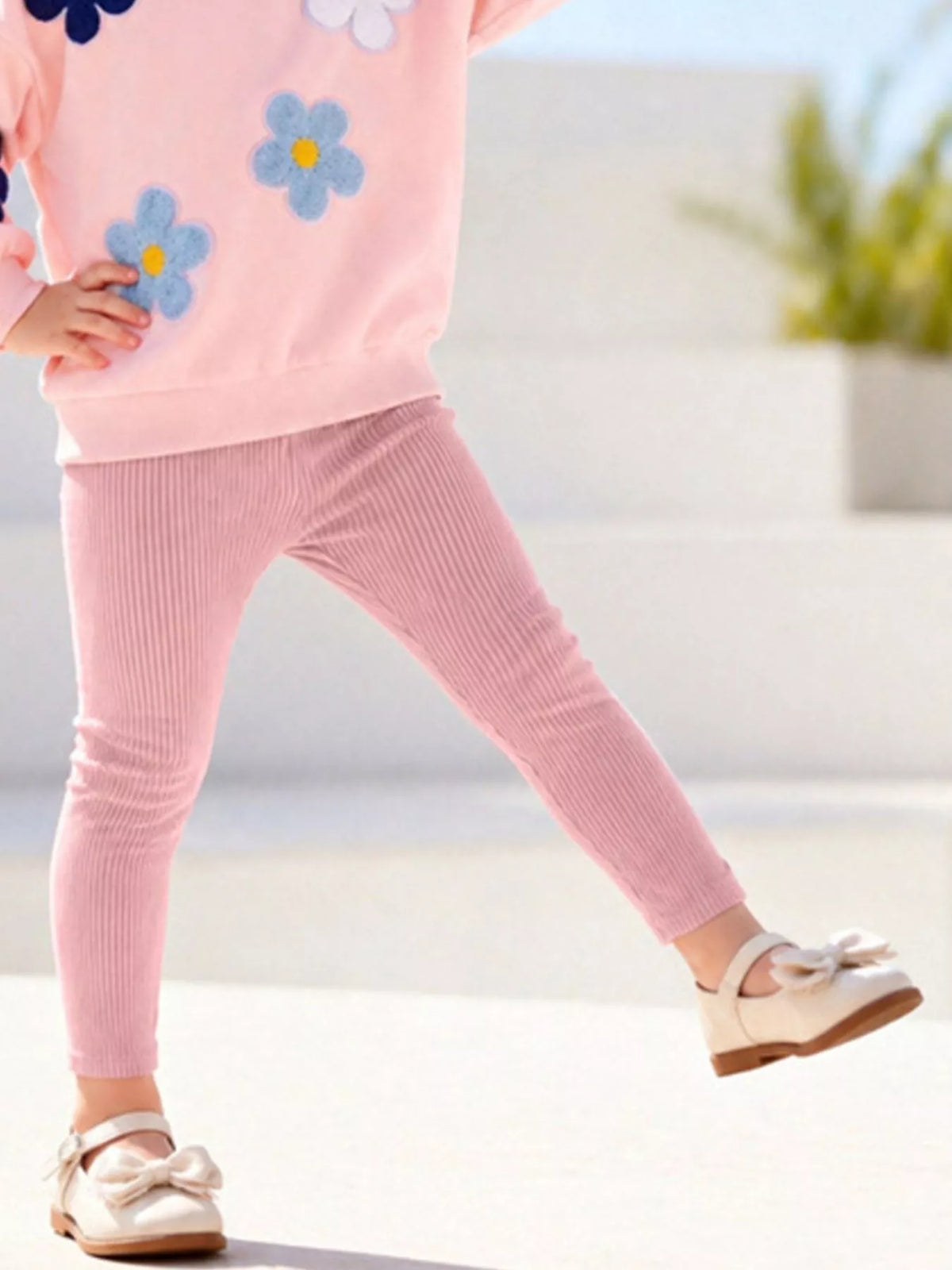 Children's Floral Applique Sweatshirt and Ribbed Leggings Set in Blush Pink, view 4