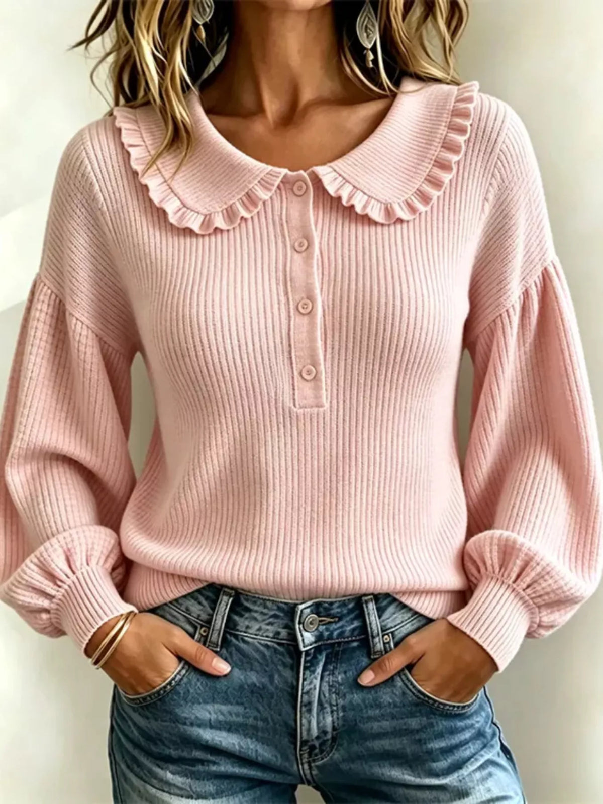 Full Size Ruffle Collar Button Detail Sweater Plus Size