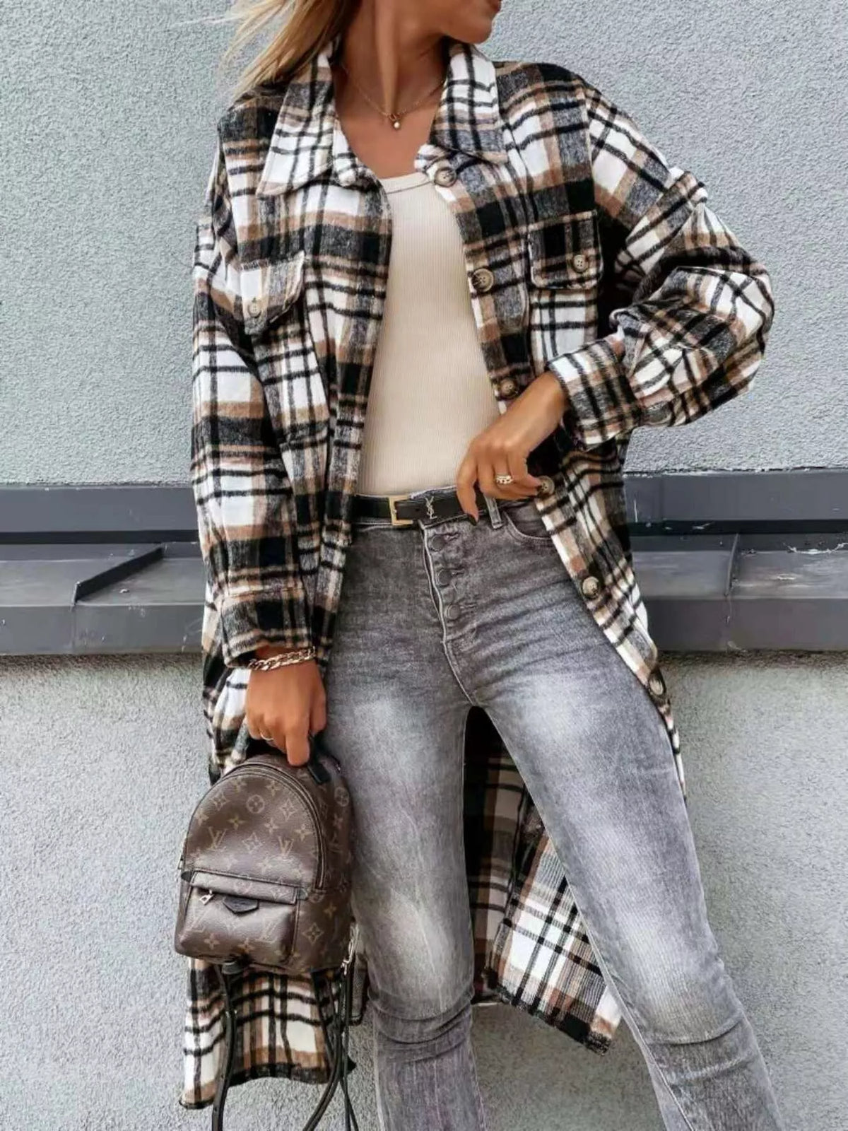 Plaid Button Up Longline Shacket in Coffee