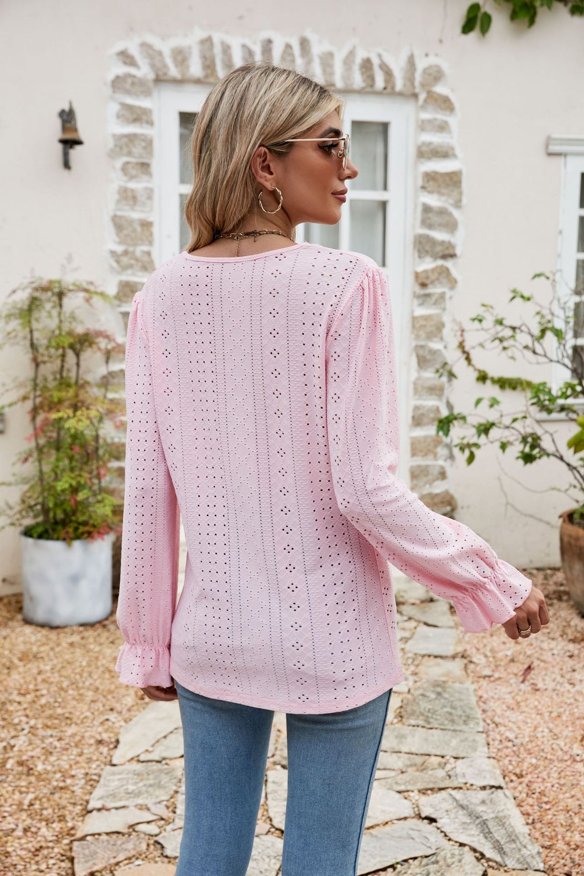 Eyelet Lace Trim Flounce Sleeve Blouse, view 8