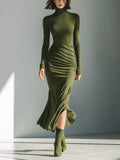 Full Size Slit Turtleneck Ruched Bodycon Mermaid Dress Plus Size - Lilixa.store