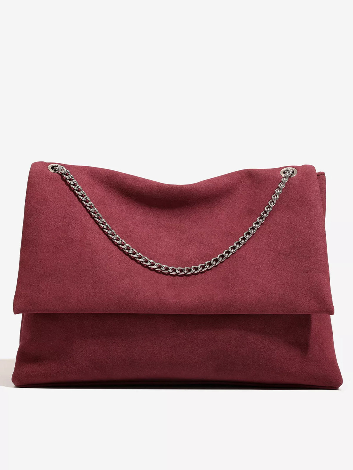Suede Shoulder Bag with Metallic Chain Strap in Red
