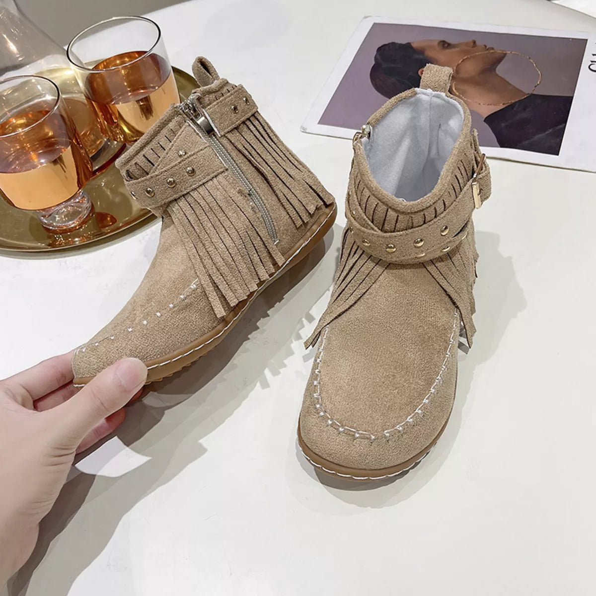 Fringe Round Toe Flats Boots - Lilixa.store