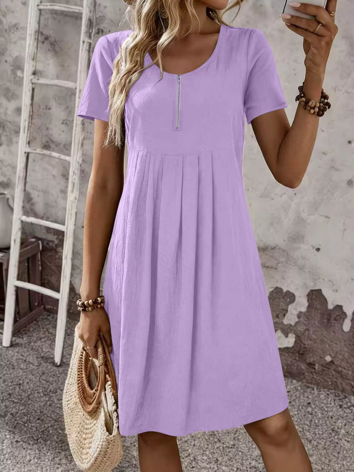 Zipper-Front Short Sleeve A-Line Dress - Lilixa.store