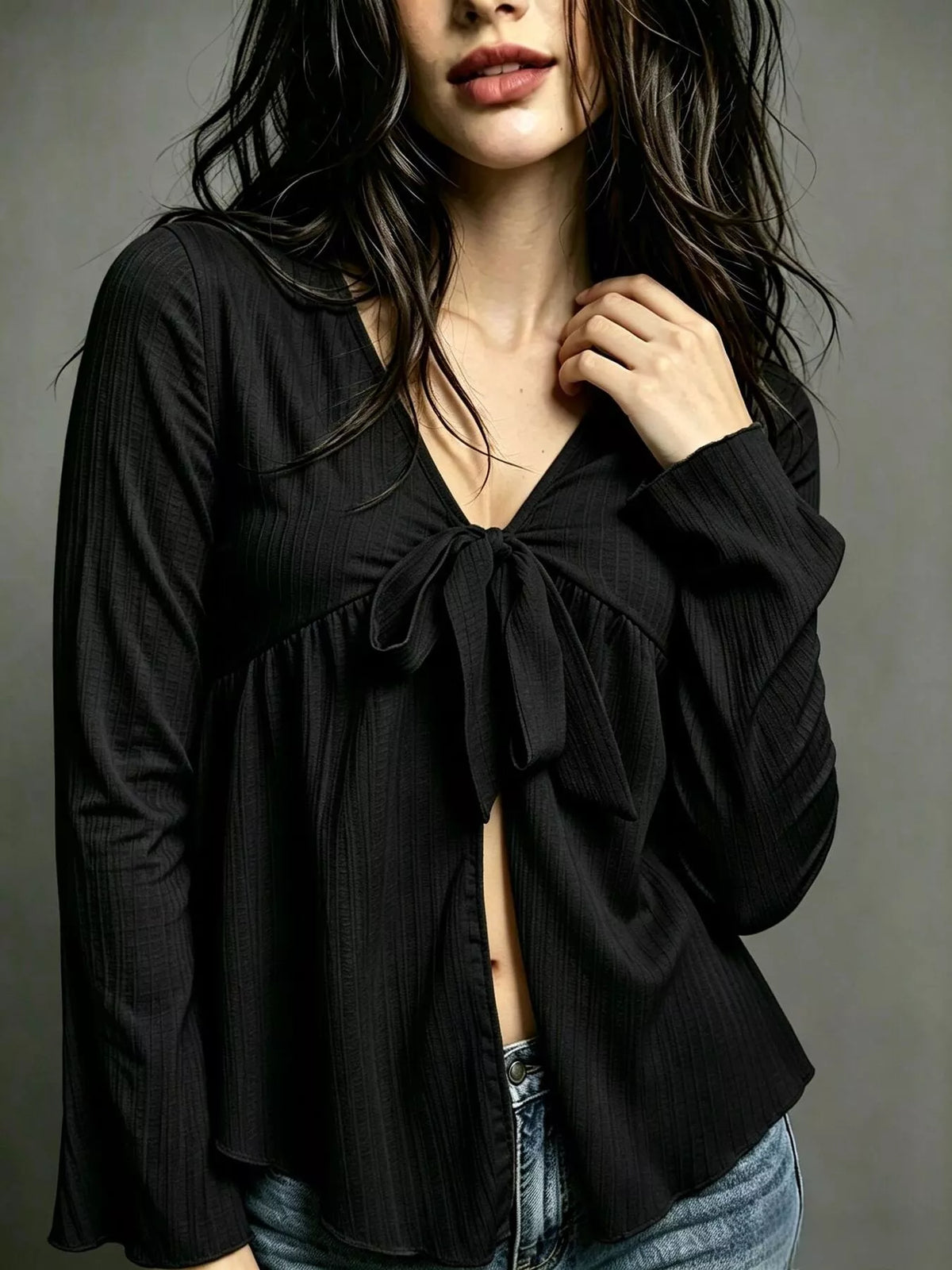 Tie-Front Flare Sleeve Blouse - Lilixa.store