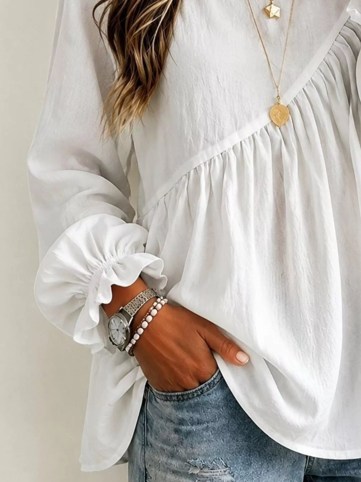 Long Sleeve Blouse with Asymmetric Pleated Detail - Lilixa.store