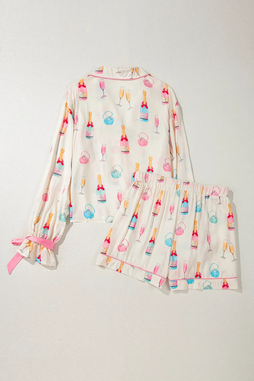 Bow Printed Collared Neck Top and Drawstring Shorts Lounge Set - Lilixa.store