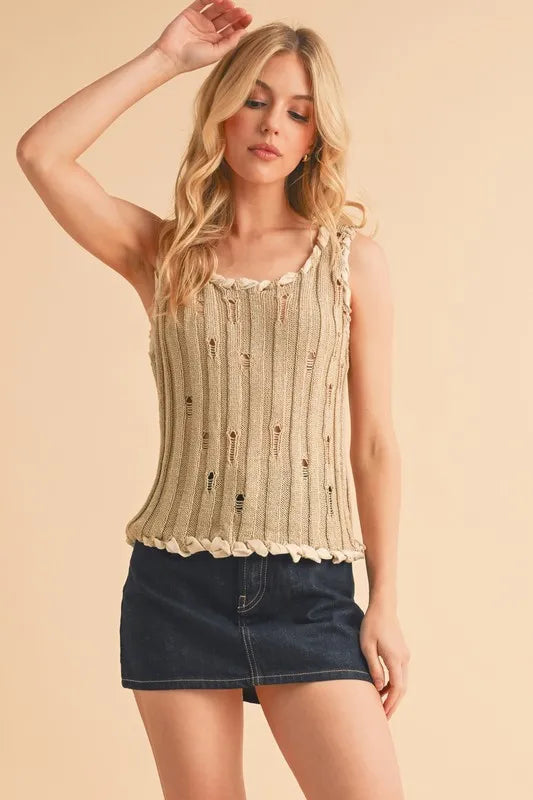 Aemi+Co Distressed Detail Round Neck Knit Tank in Khaki