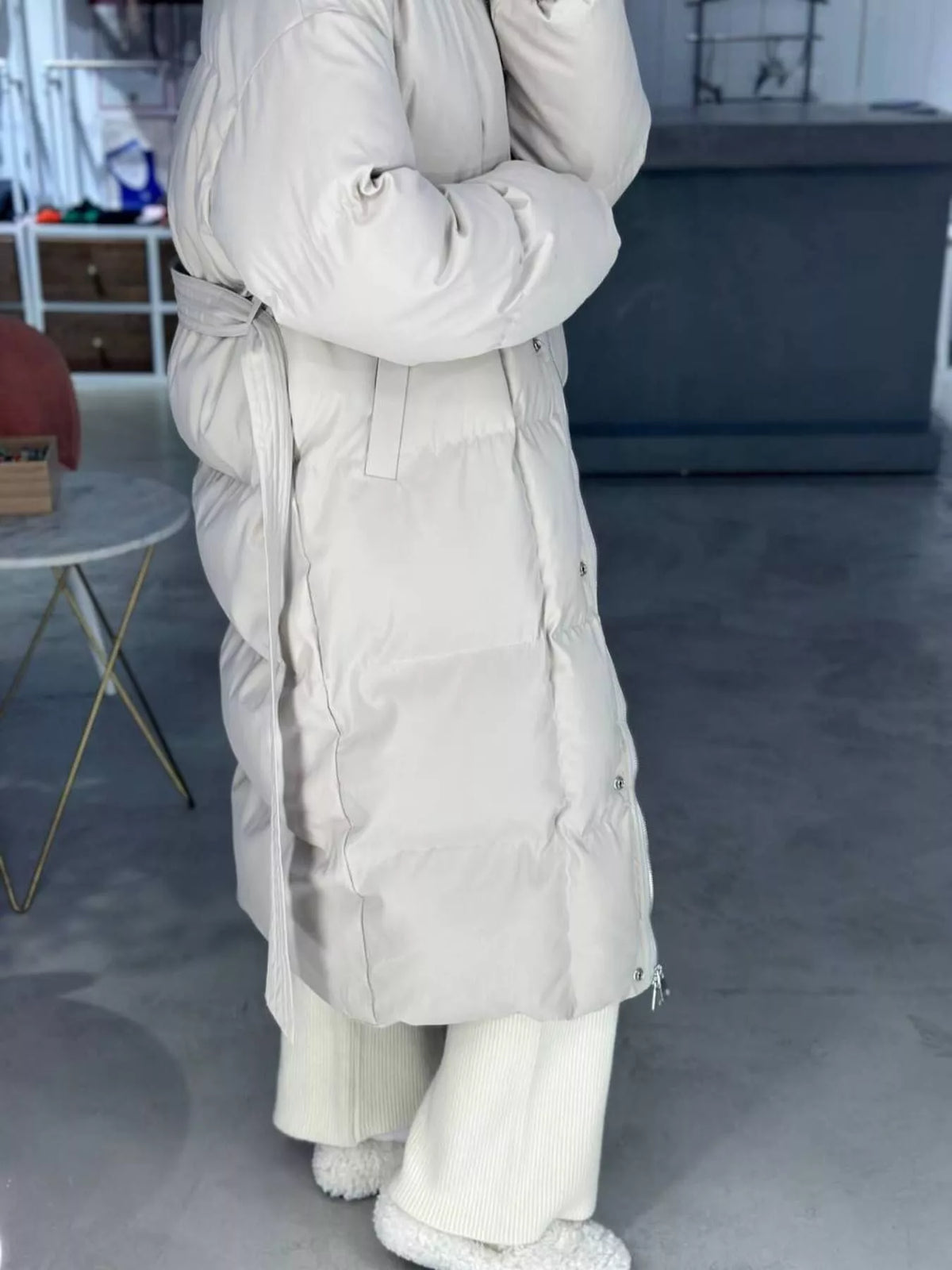 Longline Padded Winter Coat with Belted, view 8