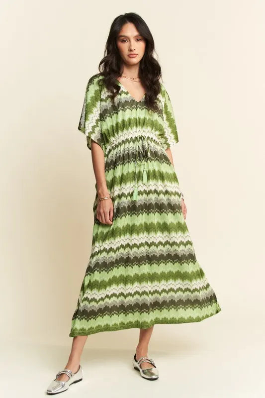 Davi & Dani Multi Color Wavy Tie Waist Flowy Sleeve Dress - Lilixa.store