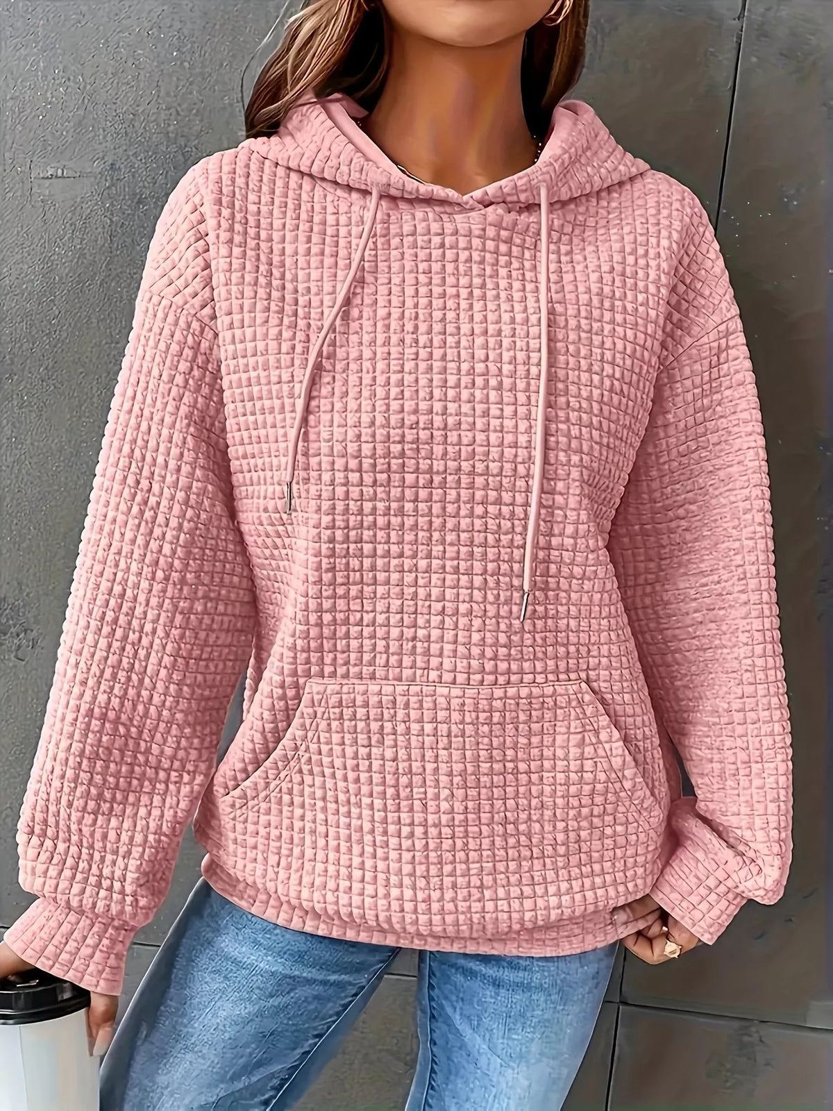 Textured Knit Drawstring Hoodie - Lilixa.store
