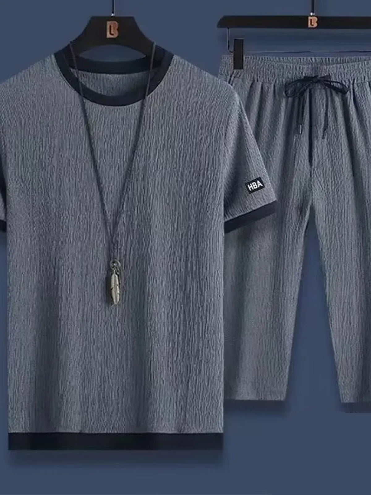 Men's Plus Size Round Neck Short Sleeve Top and Shorts Set in Gray
