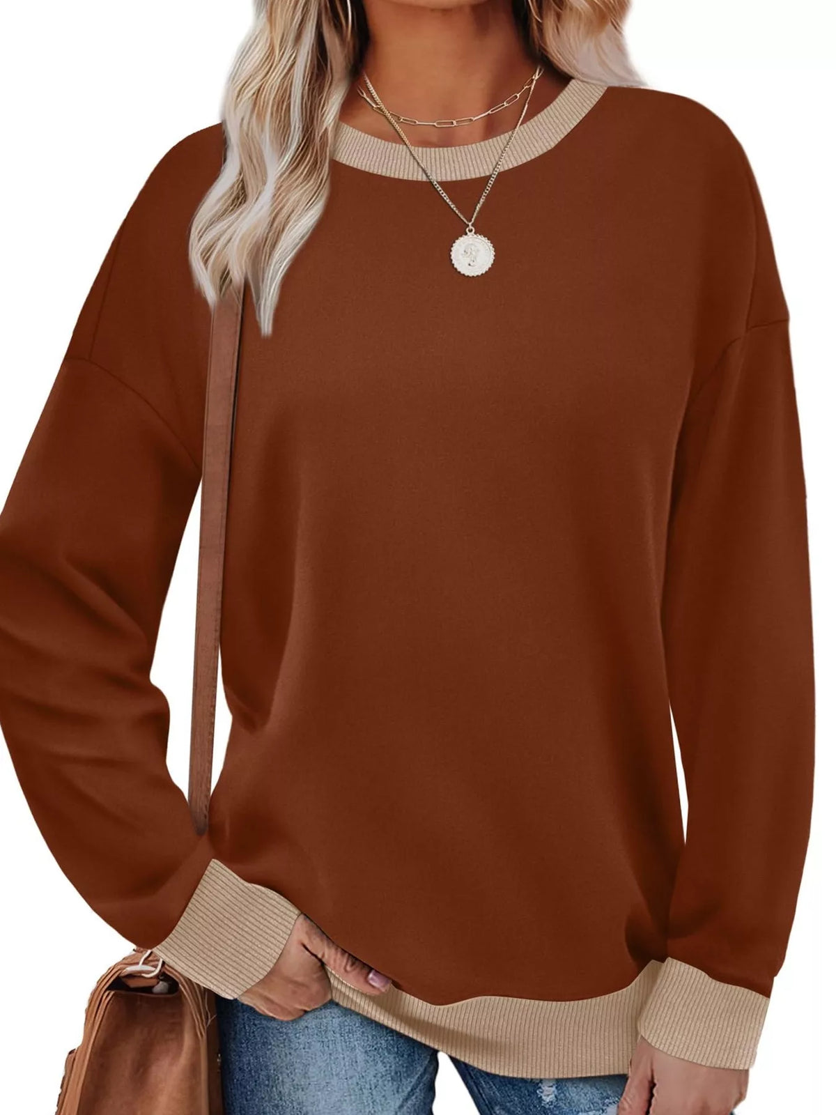 Contrast Trim Crew Neck Casual Sweatshirt - Lilixa.store